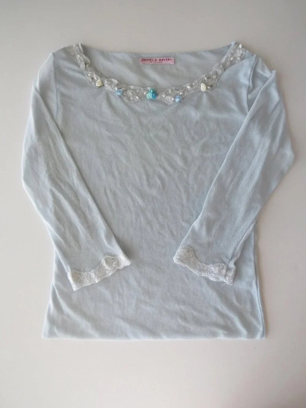 Vintage Italian Daniel & Mayer Top, Beaded Powder Blue Mesh Cami, Made in Italy